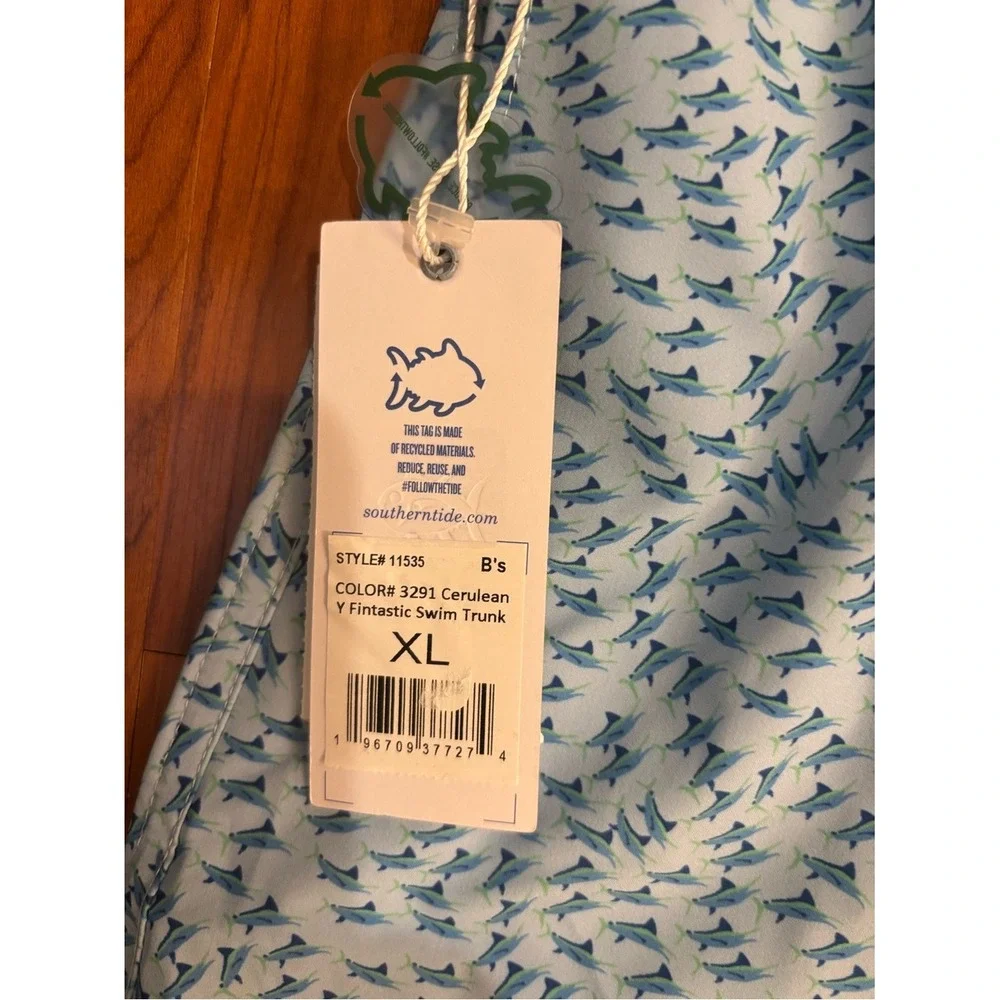 NWT Southern Tide Swim Trunks Cerulean Blue Fintastic Fish Print Boys XL